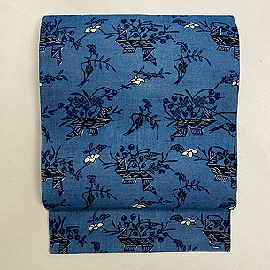 麻、木綿交織花熨斗藍型の名古屋帯