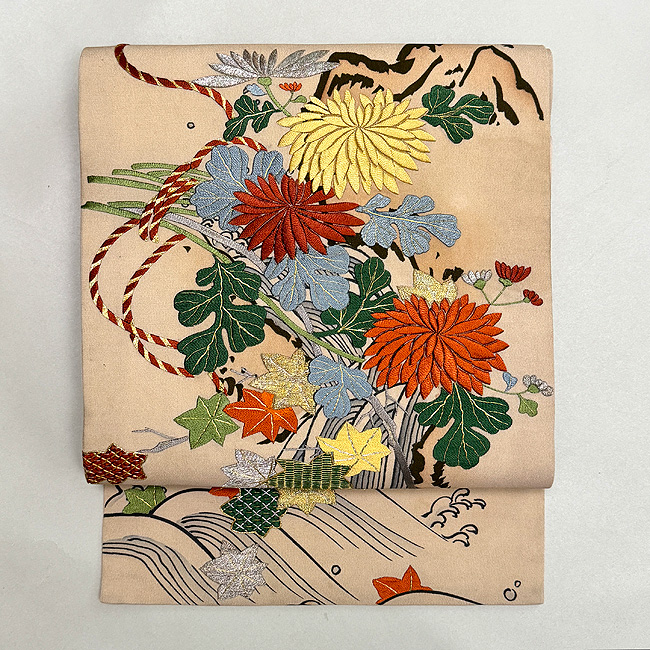 深山に菊文刺繍名古屋帯 66,000円(税込)帯24-09-23ご売約済 | アンティーク着物の灯屋2