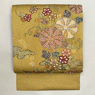 黄金色花唐草文様刺繍の名古屋帯