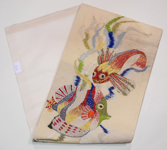 魚エンゼルフィッシュとカサゴの刺繍夏名古屋帯